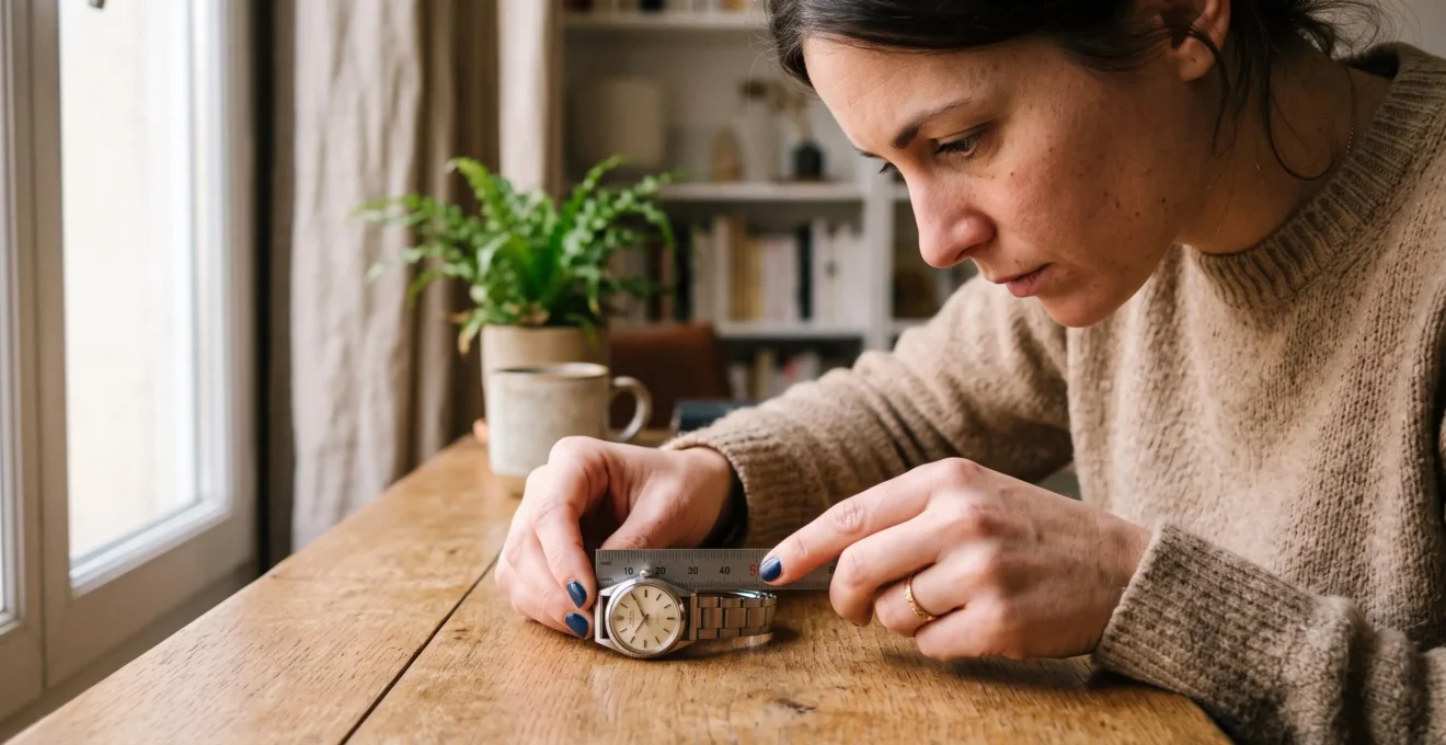 Une femme mesure la largeur de l'entrecorne d'une montre de femme avec une règle en millimètres posée sur une table en bois.