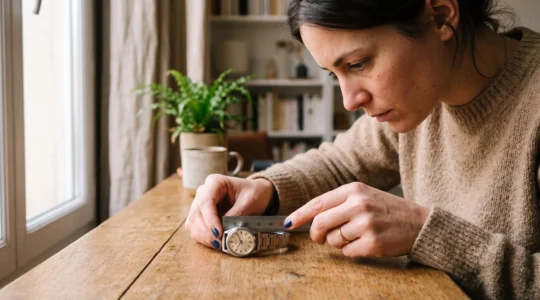 Une femme mesure la largeur de l'entrecorne d'une montre de femme avec une règle en millimètres posée sur une table en bois.