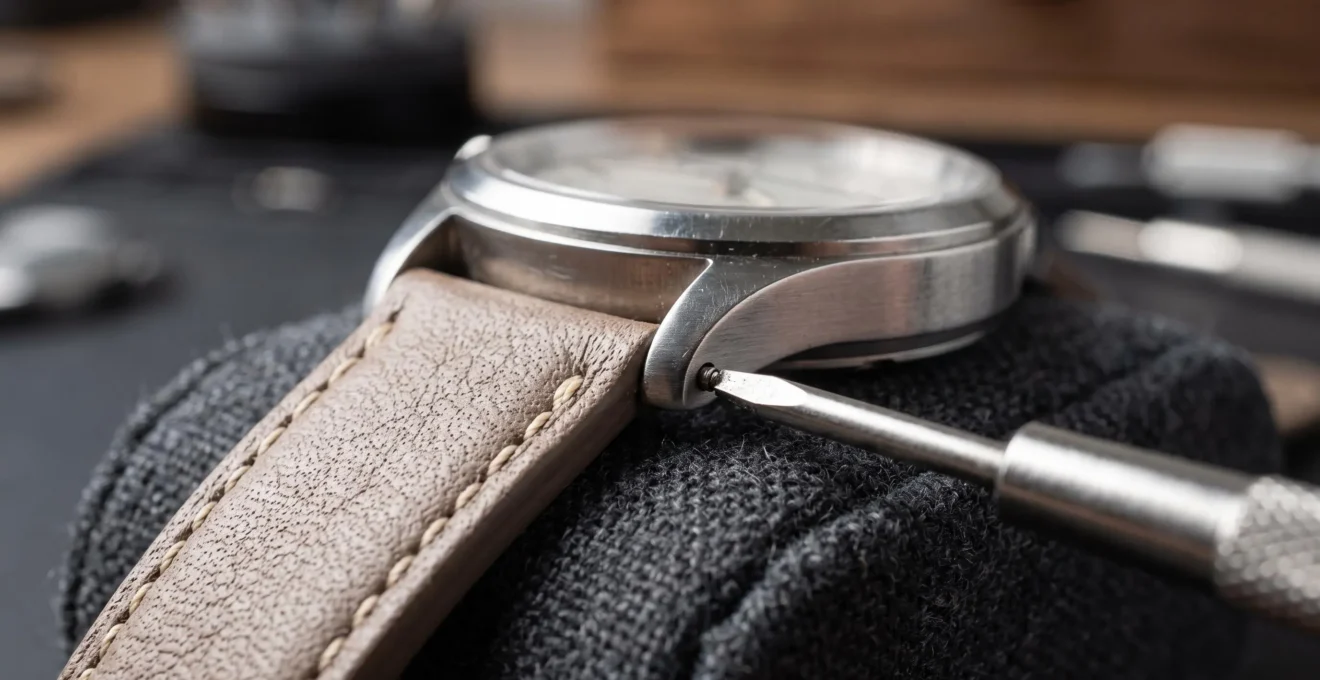Gros plan sur le système d'attache à barrette d'un bracelet de montre femme, avec un outil de ressort de barrette en contact avec la corne.